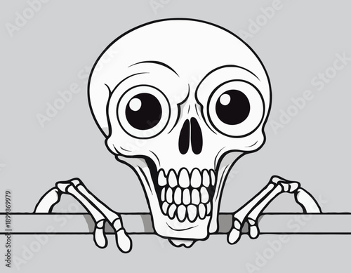 A curious cartoon skeleton skull with large eyes and bony hands peeking over a horizontal line.