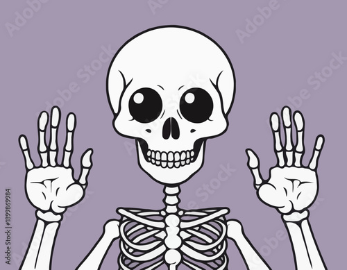 A curious cartoon skeleton skull with large eyes and bony hands peeking over a horizontal line.