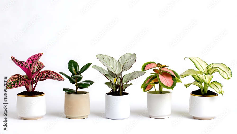Obraz premium Five Beautiful Potted Houseplants Displayed Together On Simple Planters