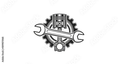 Mechanical Wrench and Piston with Gear Illustration.