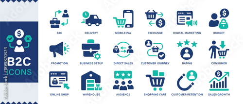 B2C icon set. Business to consumer, e-commerce, customer service, retail, digital marketing, direct sales, customer experience, online shopping, sales, support, delivery, Solid vector icons collection