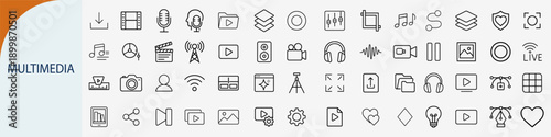 Multimedia and digital entertainment line icons set for video and audio