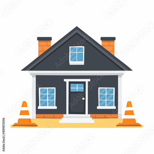 Illustration of a dark grey house with orange traffic cones on either side, suggesting construction or renovation