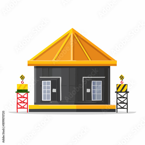 A minimalist illustration of a yellow-roofed industrial building with cautionary barriers on either side