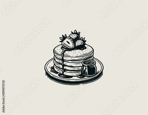pancake illustration shows stacked breakfast pancakes with syrup and fruit