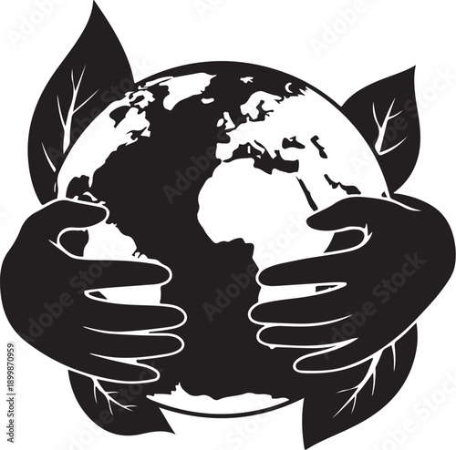Hands holding the Earth with leaves around it symbol