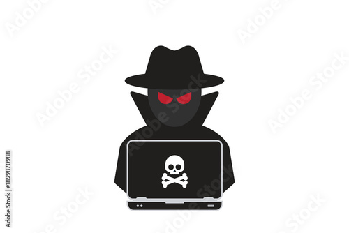 Hacker at laptop icon. Flat illustration of hacker at laptop vector icon for web design	
