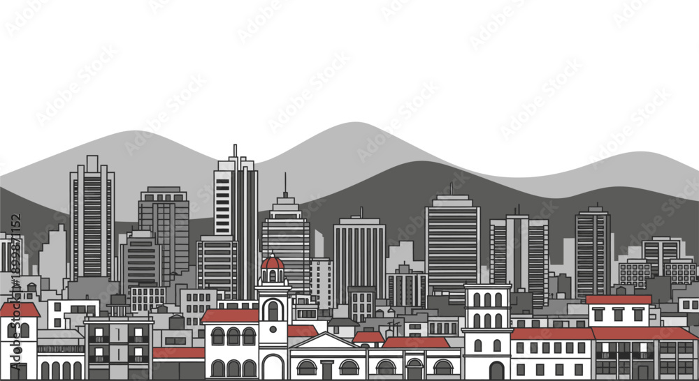 Obraz premium Modern City Skyline Illustration with Mountains Background.