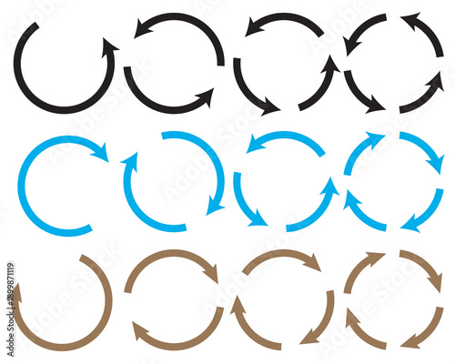 Set of circle arrows rotating on white background. Refresh, reload, recycle, loop rotation sign collection. Black circle arrows for infographics, web design. Vector illustration, flat style, clip art
