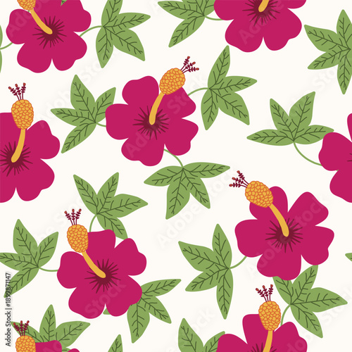 Tropical Paradise Pink: Seamless Pattern with Hibiscus and Leaves. Vector pattern.
