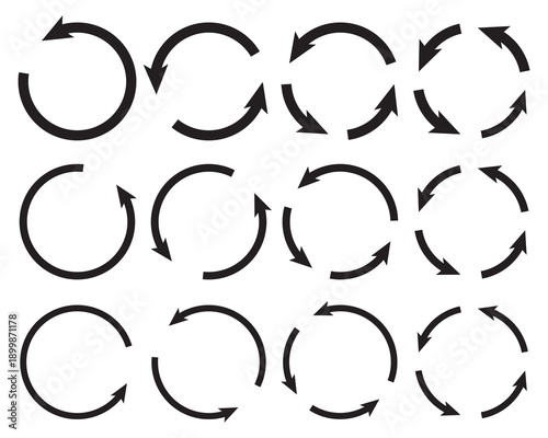 Set of circle arrows rotating on white background. Refresh, reload, recycle, loop rotation sign collection. Black circle arrows for infographics, web design. Vector illustration, flat style, clip art
