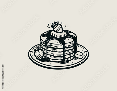 pancake illustration shows stacked breakfast pancakes with syrup and fruit