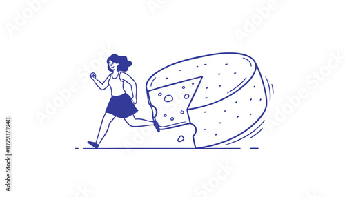 woman running with phone and giant cheese wedge, vector illustration for marketing or advertising