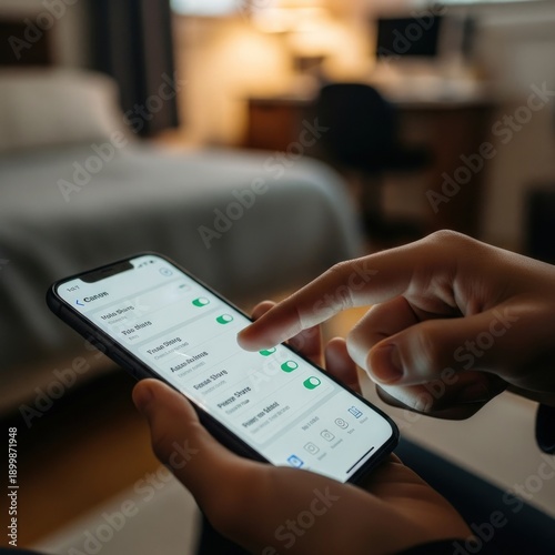Person using a smartphone to make a phone call in a dimly lit room.