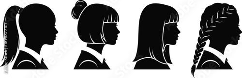 Female profile silhouette icon set, diverse hairstyles with collared shirts, black vector illustration, fashion and identity theme, isolated on white background
