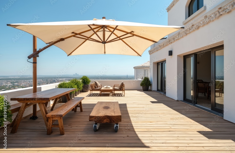 Fototapeta premium Spacious wooden terrace with large parasol, outdoor dining set, lounge chairs, and city view. Modern exterior design offers comfort and relaxation.