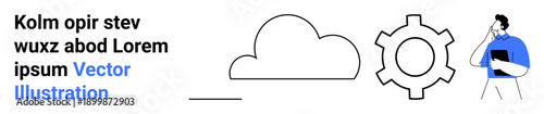 Cloud shape beside a gear icon with a man holding a tablet, symbolizing technology, cloud computing, data management, brainstorming, innovation, workflow optimization. Ideal for tech branding, apps