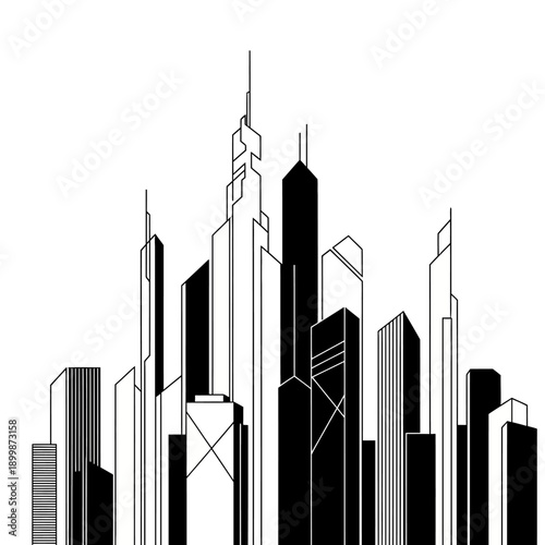 Minimalist black and white line art depiction of a modern city skyline at its tallest
