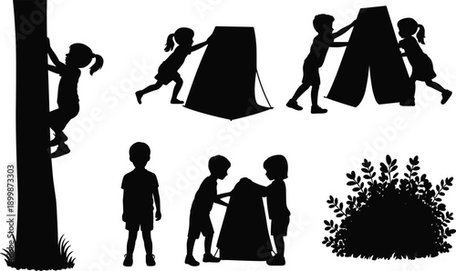 Children outdoor activity silhouettes, camping, teamwork, climbing tree, tent setup, nature play, black vector icons, isolated, educational, recreational theme