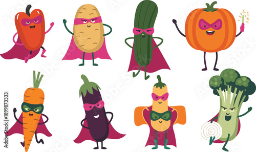 Superhero vegetable characters with cape and mask, healthy food concept, cartoon style, broccoli, pumpkin, carrot, eggplant, corn, cucumber, pepper
