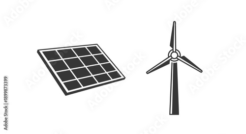 Solar panel and wind turbine icons, renewable energy concept vector illustration.
