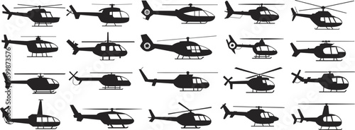 Helicopter silhouette vector set, black aircraft icons, top view, rotor design, cockpit shapes, military, medical, isolated, graphic, aviation theme