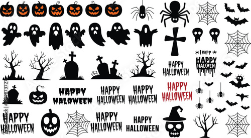 Halloween vector icon set with jack-o'-lanterns, ghosts, bats, skulls, spider webs, gravestones, spooky trees, Happy Halloween text, witch hat, blood