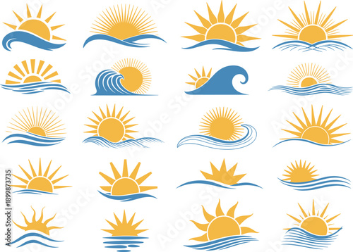 Sun and ocean wave icon set, sunrise, sunset, beach theme, summer design, blue waves, yellow sun rays, vector, isolated, graphic
