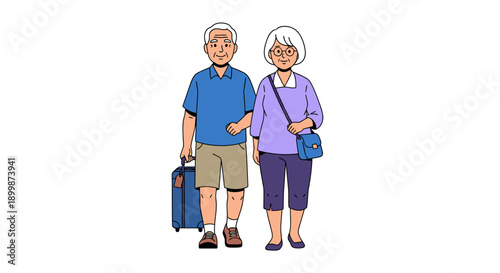 Happy senior couple traveling together with suitcase, flat vector illustration isolated on white background.