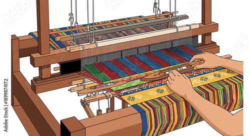 Hand weaving process on a traditional wooden loom illustration.