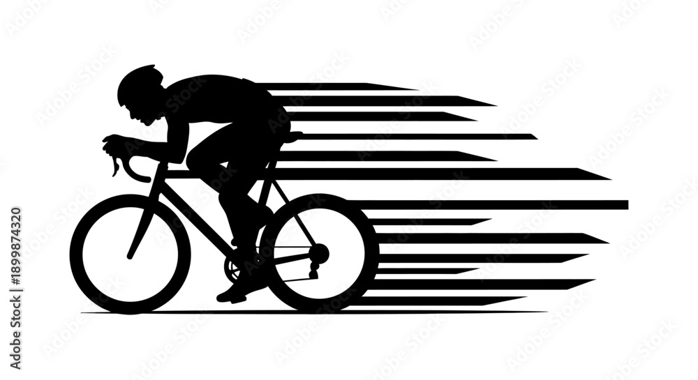 Fototapeta premium Dynamic cyclist silhouette riding a road bike with speed lines, isolated white background.