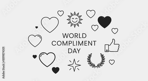 World Compliment Day concept illustration with positive icons on a grey background.