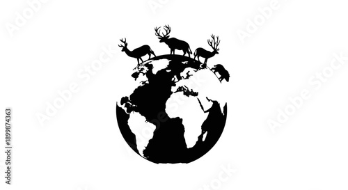 Earth Globe with Diverse Wild Animal Silhouettes, Wildlife Protection and Nature Concept, isolated white background.