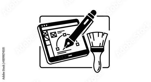 Digital tablet showing graphic design interface with stylus and paintbrush, representing creativity and digital art, isolated white background.