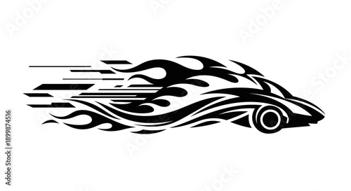 Fast moving stylized car with fiery tribal graphics, symbolizing speed and power, isolated white background.