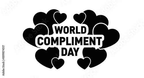 World Compliment Day text with hearts, celebrating appreciation and kindness, isolated white background.
