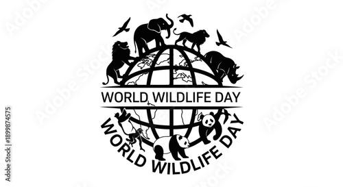 World Wildlife Day emblem with various wild animals encircling the globe, promoting ecological conservation on an isolated white background.