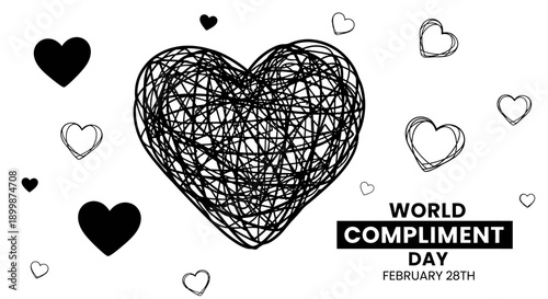 World Compliment Day (February 28th) Text with Intricate Tangled Heart and Scattered Outline Hearts on Isolated White Background