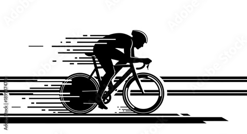 Silhouette of a Professional Cyclist Racing with Dynamic Speed Lines on Isolated White Background