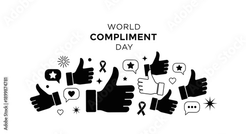 World Compliment Day Concept with Thumbs Up Hands, Hearts, and Stars on Isolated White Background