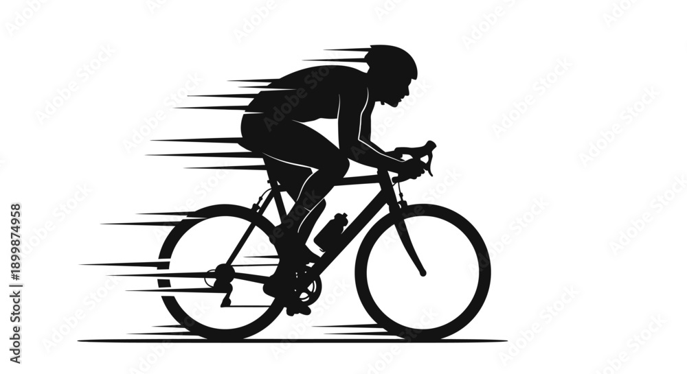 Obraz premium Energetic Cyclist on Road Bike Riding Fast with Speed Lines, Silhouette on Isolated White Background