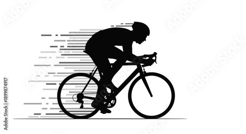 Silhouette of a male cyclist on a racing bike in fast motion, isolated white background.