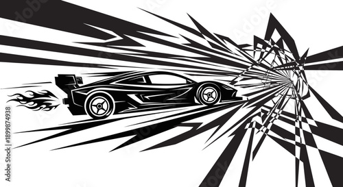 Dynamic black silhouette of a speeding racing car breaking through, with sharp motion lines, isolated white background.