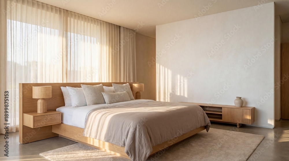 Fototapeta premium A bright modern hotel bedroom with crisp white bedding and warm morning sun through sheer curtains creates a serene luxury interior with generous copy space.