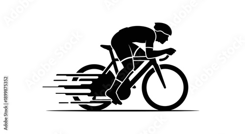 Silhouette of a professional cyclist riding a road bicycle at high speed with motion blur lines on an isolated white background.
