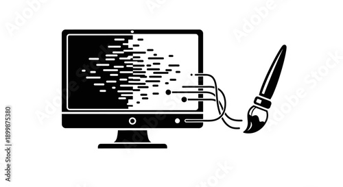 Creative concept of a computer monitor displaying abstract data flow connected to a paintbrush, symbolizing digital art and design on an isolated white background.