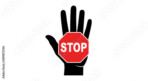 Human hand with palm facing forward inside a red stop sign octagon, symbolizing prohibition or warning on an isolated white background.