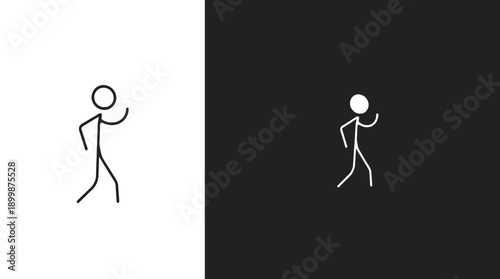 Two Simple Stick Figure Persons Walking, One on Isolated White Background and One on Solid Black Background, Contrasting Movement