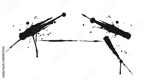 Energetic Black Paint Brush Strokes and Splatters on Isolated White Background, Dynamic Grunge Art Elements