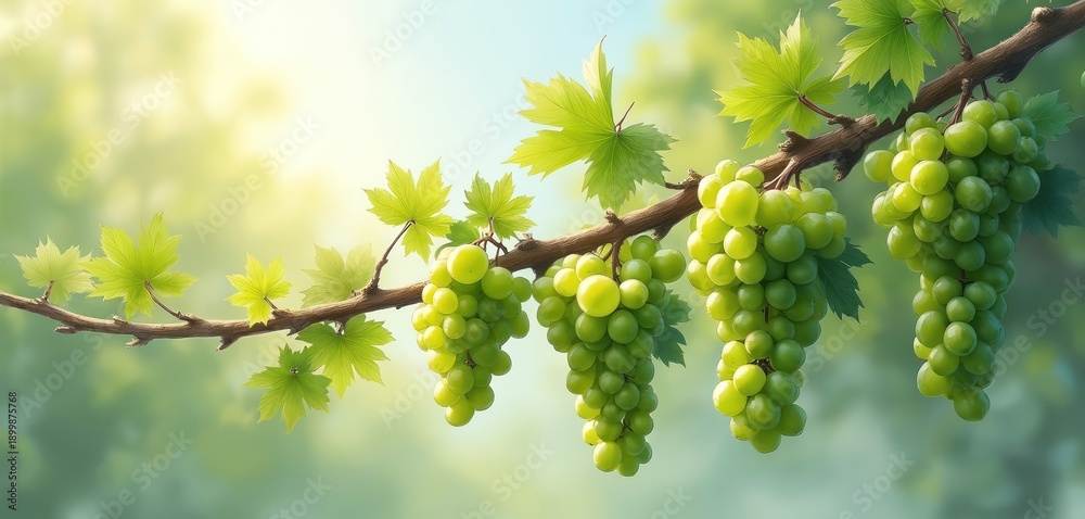 Fototapeta premium Close-up of ripe green grape clusters hanging from vine branch with fresh leaves. Sunlight filters through foliage creating soft bokeh background. Ideal for themes of nature agriculture, winemaking.